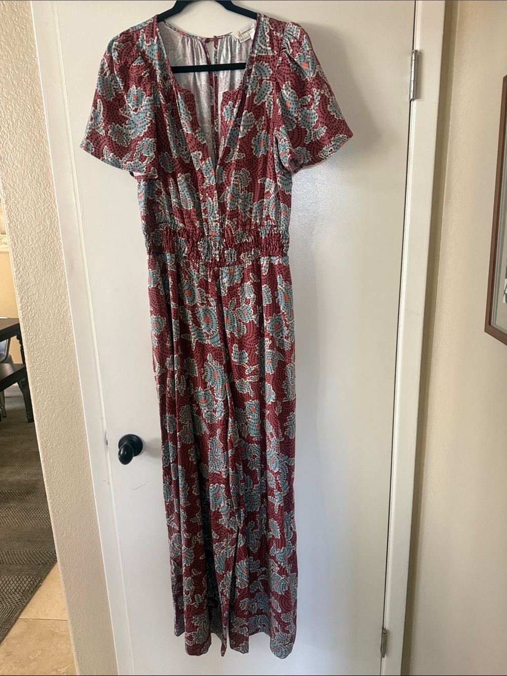 Anthropologie Red & Light Blue Floral Jumpsuit